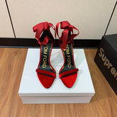 ANKLE SANDAL 10 CM IN RUBY RED VELVET AND SILK